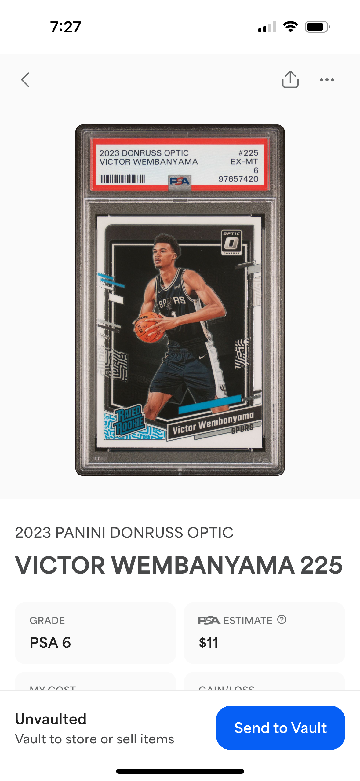 2023 Donruss Optic #225 Victor Wembanyama - RC - Rated Rookie - PSA EX-MT 6