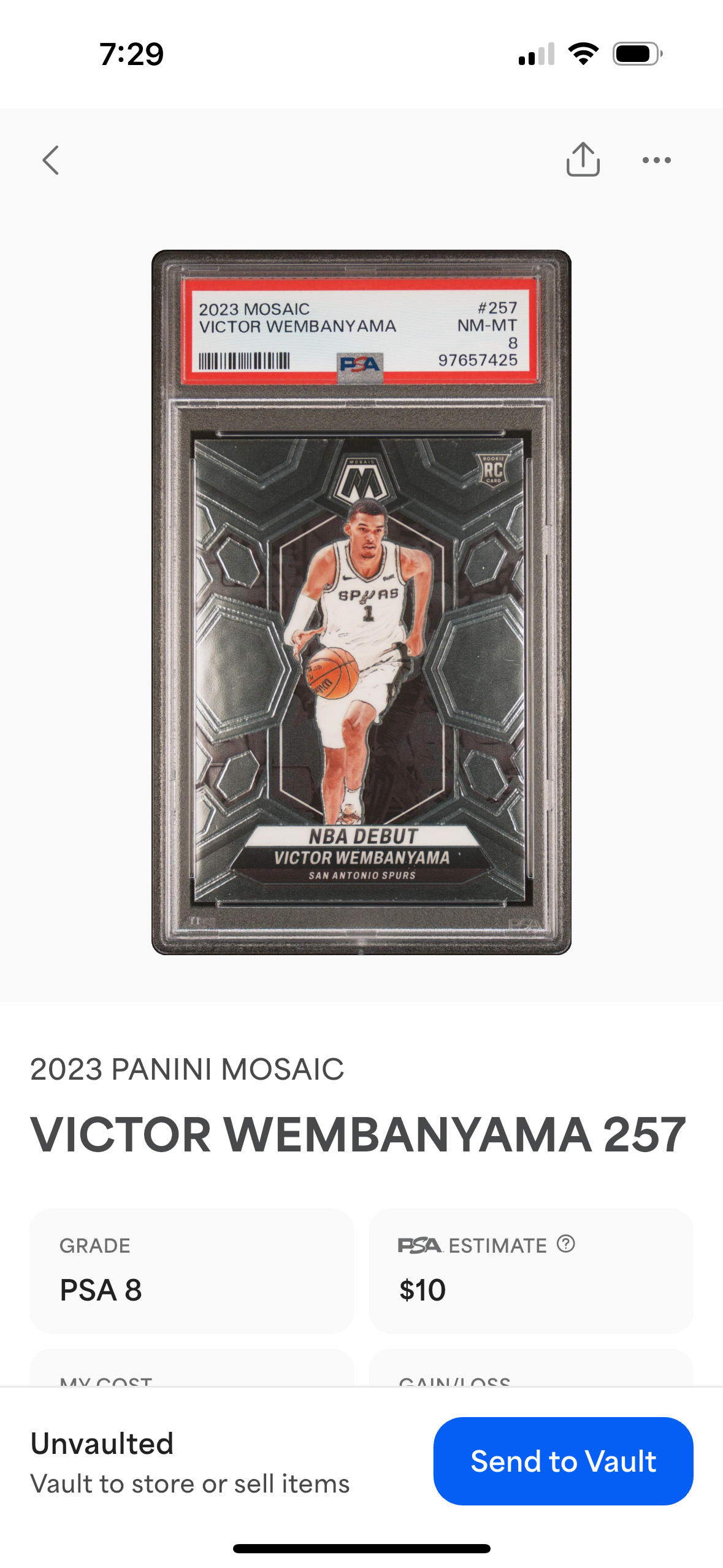 2023 Panini Mosaic #257 Victor Wembanyama - RC - NBA Debut - PSA NM-MT 8